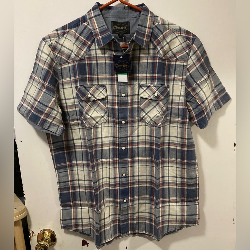 Threadgrit Men's Plaid Button Up Short Sleeve Shirt Blue White Orange Size Large